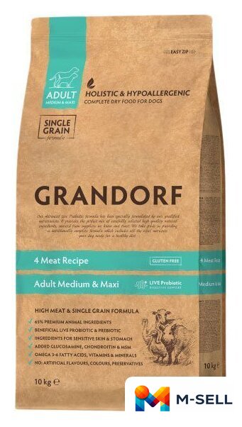 Сухой корм для собак Grandorf Adult Medium & Maxi Probiotic 4 Meat Recipe (4 мяса с пробиотиками) 10 кг - Изображение №1 — Мульти e-магазин M-SELL