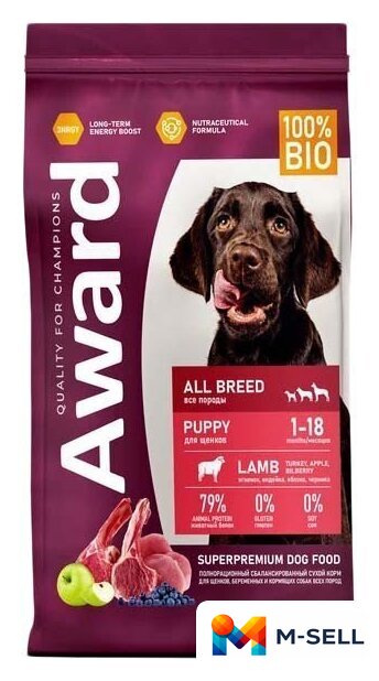 Сухой корм для собак Award Puppy All Breed для щенков всех пород с ягненком и индейкой с добавлением яблока и черники 12 кг - Изображение №1 — Мульти e-магазин M-SELL