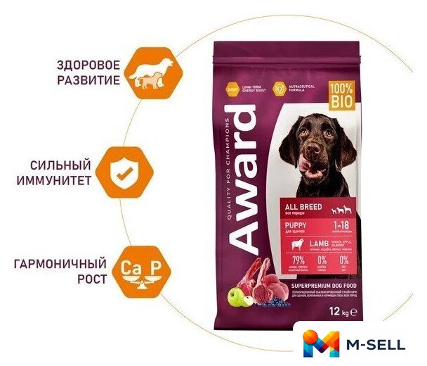Сухой корм для собак Award Puppy All Breed для щенков всех пород с ягненком и индейкой с добавлением яблока и черники 12 кг - Изображение №3 — Мульти e-магазин M-SELL