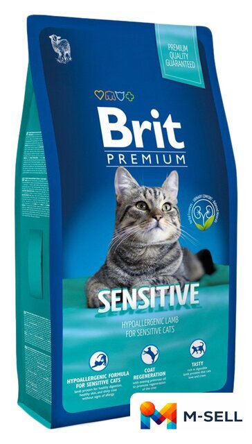 Сухой корм для кошек Brit Premium Sensitive для взрослых кошек с чувствительным пищеварением с ягненком и индейкой 8 кг - Изображение №1 — Мульти e-магазин M-SELL