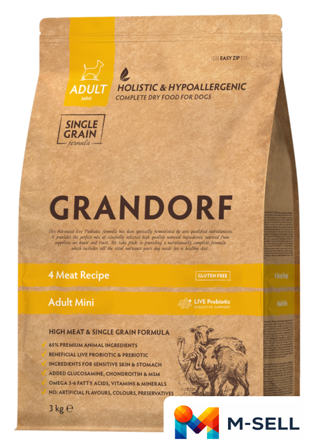 Сухой корм для собак Grandorf Adult Mini Probiotic 4 Meat Recipe (4 мяса с пробиотиками) 3 кг - Изображение №1 — Мульти e-магазин M-SELL