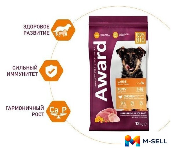 Сухой корм для собак Award Puppy Large для щенков крупных пород с курицей, индейкой с добавлением тыквы и шиповника 12 кг - Изображение №3 — Мульти e-магазин M-SELL