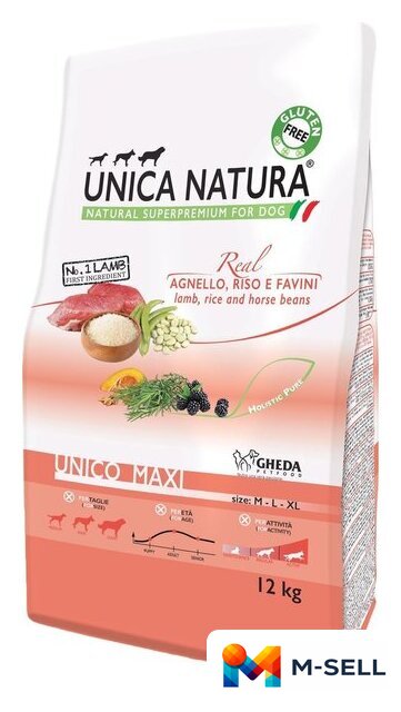 Сухой корм для собак Unica Natura Unico Maxi с ягненком, рисом, конскими бобами 12 кг - Изображение №1 — Мульти e-магазин M-SELL