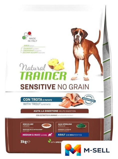 Сухой корм для собак Trainer Natural No Grain (для средних и крупных пород, форель) 12 кг - Изображение №1 — Мульти e-магазин M-SELL