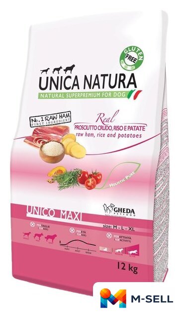 Сухой корм для собак Unica Natura Unico Maxi с сыровяленой ветчиной, рисом и картофелем 12 кг - Изображение №1 — Мульти e-магазин M-SELL
