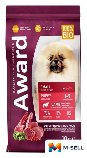 Сухой корм для собак Award Puppy Small для щенков мелких и миниатюрных пород с ягненком, индейкой с добавлением брокколи и брусники 10 кг - Изображение №1 — Мульти e-магазин M-SELL