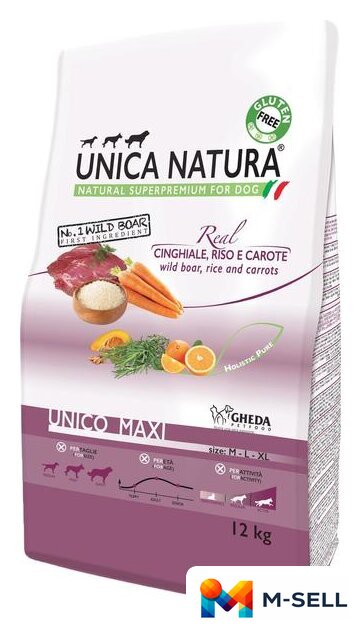 Сухой корм для собак Unica Natura Unico Maxi с диким кабаном, рисом и морковью 12 кг - Изображение №1 — Мульти e-магазин M-SELL