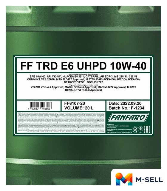 Моторное масло Fanfaro TRD E6 UHPD 10W-40 CK-4/CJ-4 20л - Изображение №2 — Мульти e-магазин M-SELL