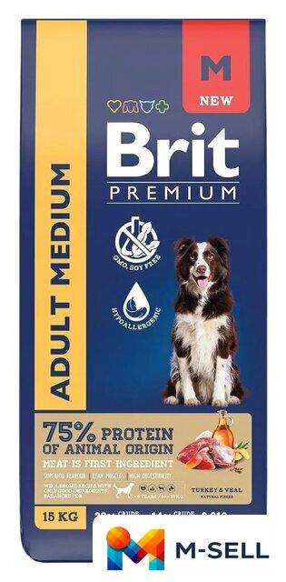 Сухой корм для собак Brit Premium Adult Medium с индейкой и телятиной 15 кг - Изображение №1 — Мульти e-магазин M-SELL